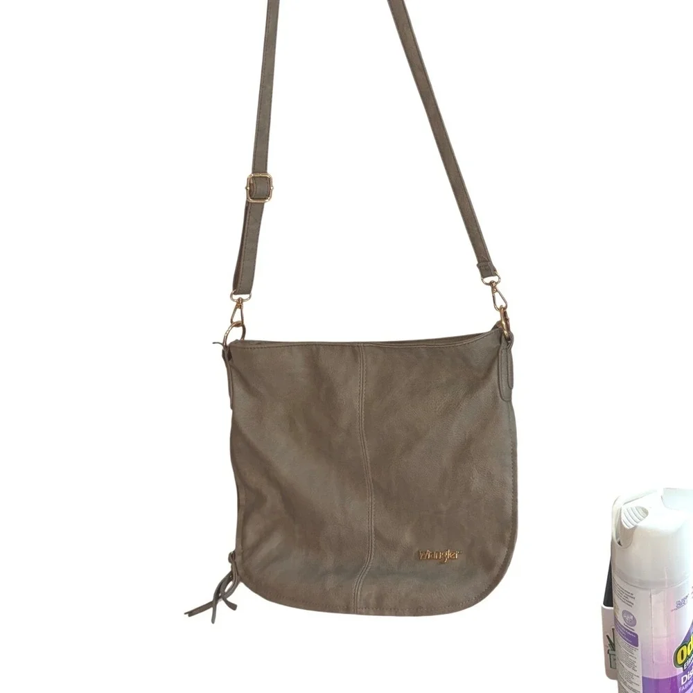 Wrangler Metallic Grey Faux Leather Crossbody Hobo Bag Gold Hardware Western